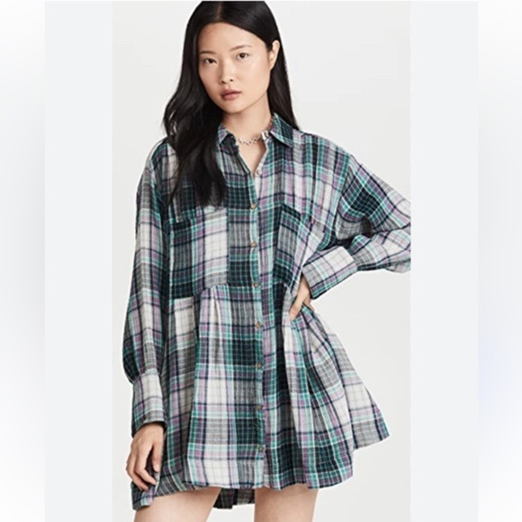 Free People The Voyage Shirtdress Mini. Oversized Pink Grey Turquoise Plaid XS - Picture 16 of 16